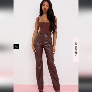 INAYA DARK BROWN STRETCH VEGAN LEATHER TROUSERS